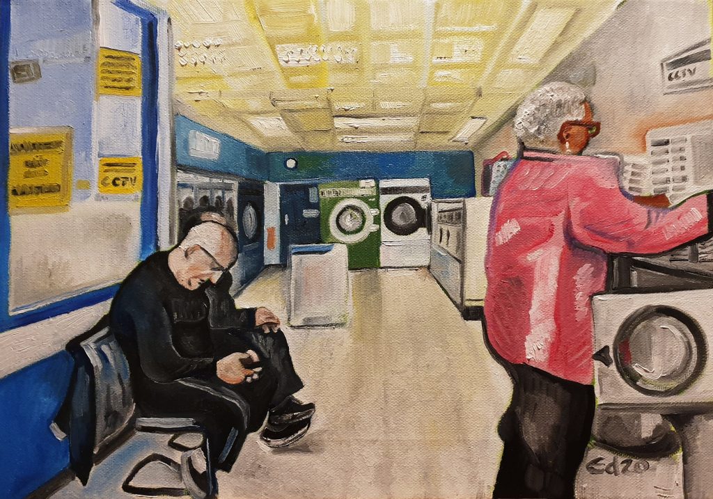 Oil painting of a launderette