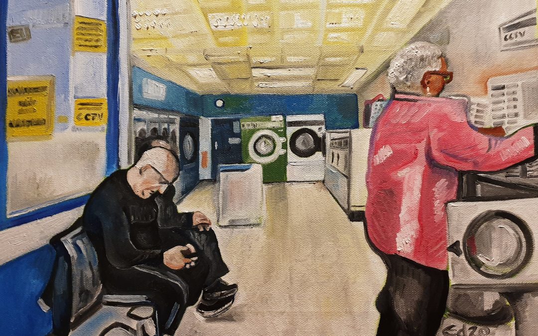 Oil painting of a launderette